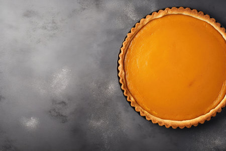 Thanksgiving pumpkin pie on grey stone from top view with copy spaceの素材