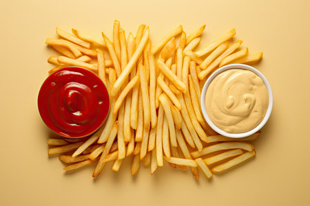 Top view of colorful background with delicious French fries ketchup and mayonnaiseの素材
