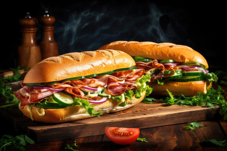 Two new submarine sandwiches with a mix of ingredients on a dark wooden backgroundの素材