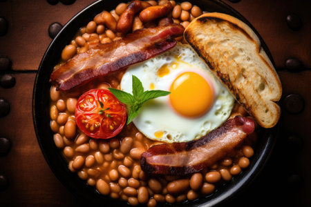 Top view of an English breakfast with fried egg beans tomatoes mushrooms bacon and toastの素材
