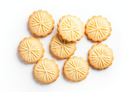 Top down view of butter cookies on a white backgroundの素材