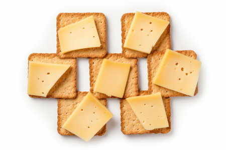 Top view of isolated Gouda cheese and rye bread slicesの素材