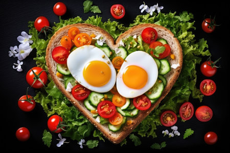 Valentine s Day breakfast heart shaped eggs bread and fresh veggies seen from aboveの素材