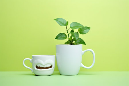 Yellow teeth from cigarettes and coffee against a green mint background Text space availableの素材