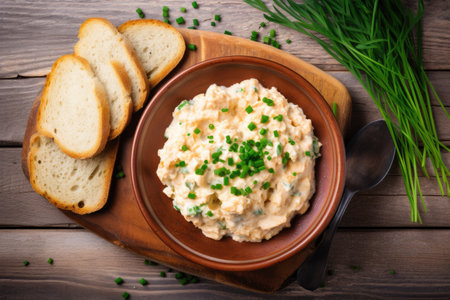 Ukrainian or Belorussian food scrambled eggs with pork lard bread and green feather onions on an oldの素材