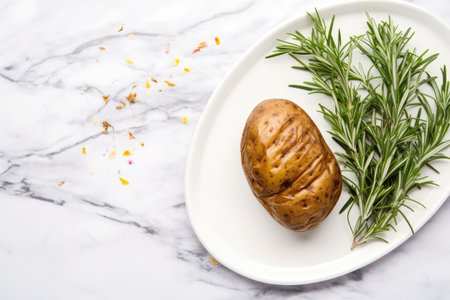 Baked potato and rosemary on marble table flat lay with text spaceの素材