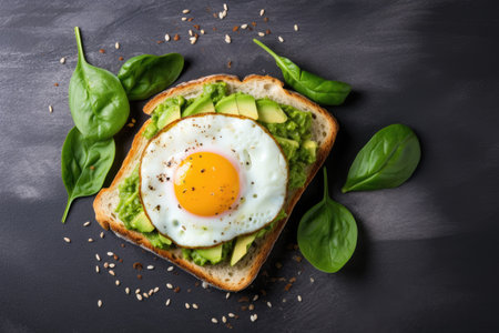 Avocado spinach and fried egg on toast from aboveの素材