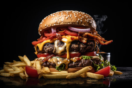 Burger and fries on black backgroundの素材