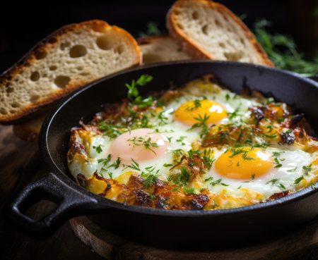 Bread and leek fried with eggs on a wooden board in a cast iron skilletの素材