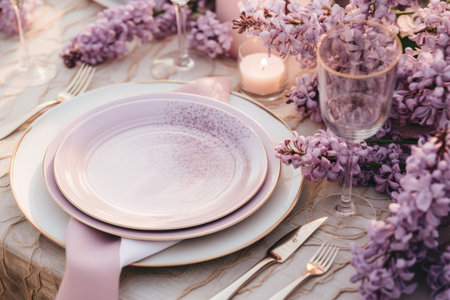 Boho lilac flower decorated spring wedding table set up viewed from aboveの素材