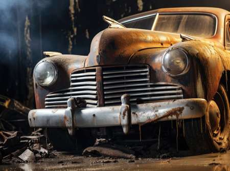 Broken vehicle against metal backdropの素材