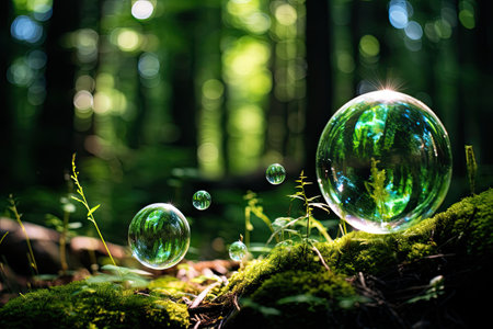 Bubbles of soap in front of treesの素材