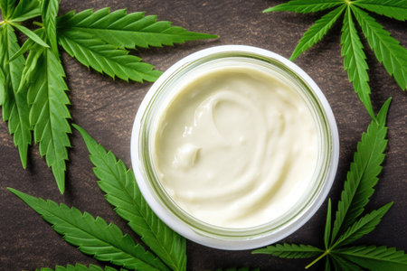 CBD cream and hemp leaves used in cosmetics for beautiful skin displayed on a white tableの素材