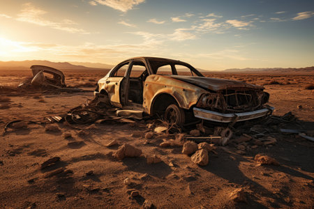 Car wreck in desertの素材