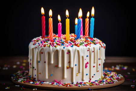 Colorful birthday cake with white icing dripping and sprinklesの素材