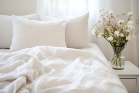 Cozy home bed with white sheetsの素材