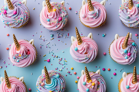 Colorful unicorn cupcakes topped with buttercream icing and sprinkles arranged in a flat layの素材