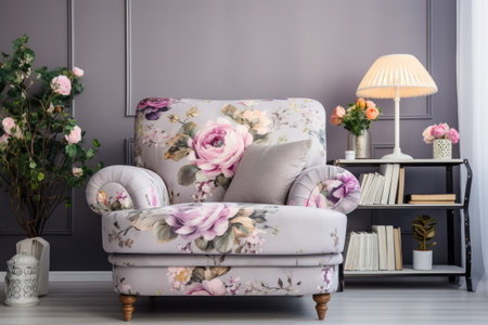 Cozy chair by floral wallpaper in chic living roomの素材