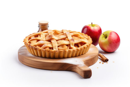Delicious apple pie on a white background displayed on a wooden boardの素材