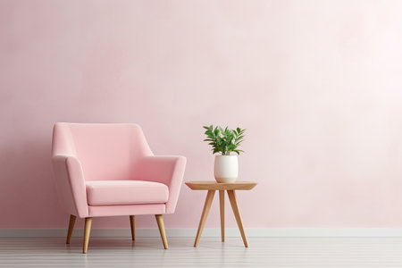 Empty wall in simple living room with a pink armchair and wooden tableの素材