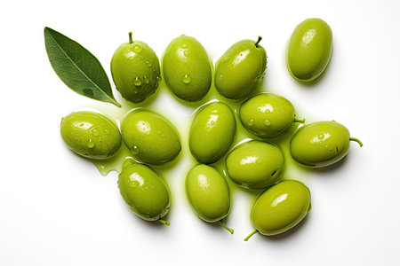 Fresh green olives with leaves and olive oil isolated on white background seen from aboveの素材