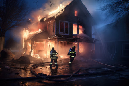 Firefighters put out a house fireの素材