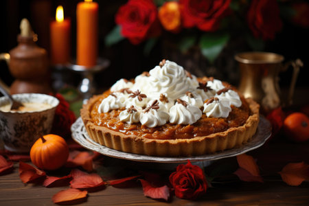 Delicious homemade pumpkin pie with whipped cream for a celebrationの素材