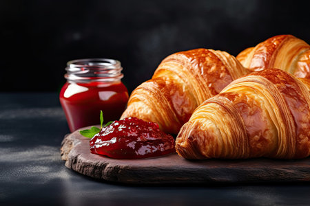 Freshly baked French croissant with jam on a dark stone background offering copy spaceの素材