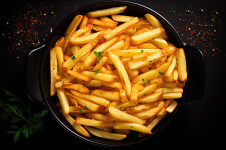 French fries cooked in a pan with a dark background seen from aboveの素材