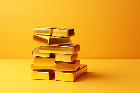 Gold bars stacked on yellow surface in sparkling arrangementの素材
