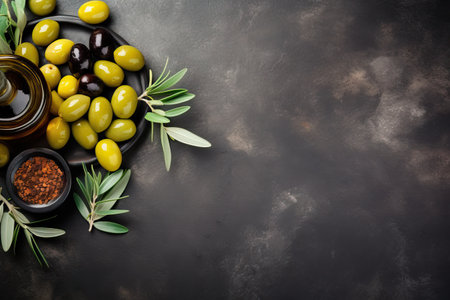 Green and black olives and olive oil on a dark stone background seen from aboveの素材