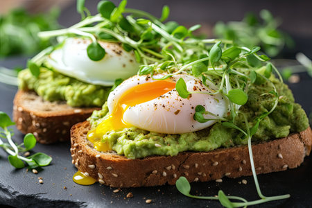 Healthy breakfast option Avocado Egg Sandwiches on whole grain toast with mashed avocado fried eggsの素材