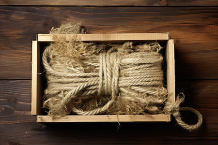 Hemp fabric and rope in box on wood backdropの素材