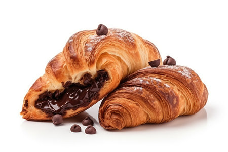 Isolated croissant with chocolate slice on white backgroundの素材
