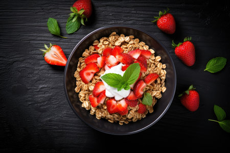 Healthy food concept Muesli breakfast with fresh strawberry on black background top viewの素材