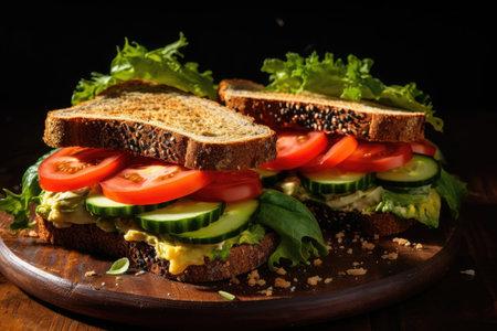Meaty veggie filled sandwiches on crusty rye bread with mustardの素材