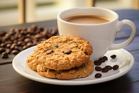 Oatmeal cookies with chocolate chips on a plate with coffee nearbyの素材