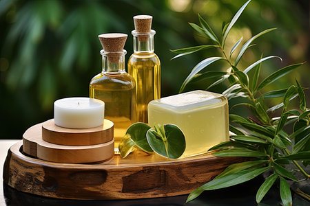 Natural organic SPA beauty products on wooden board homemade soap moisturizer cream jar amber glassの素材