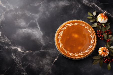 Marble cutting board with pumpkin pie on dark background view from above space to add textの素材