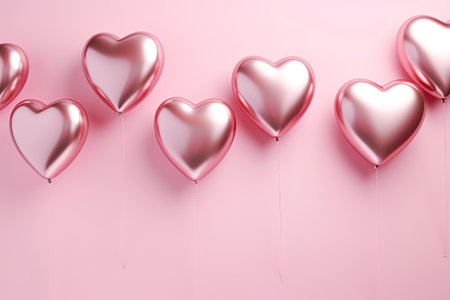 Metallic heart shaped foil balloons on a pastel pink background Love themed celebration decor for Vaの素材