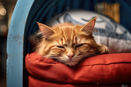 Red cat lying on armchairの素材