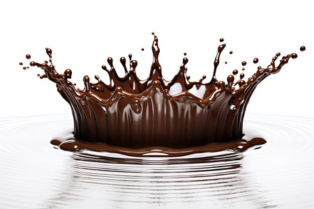 Liquid chocolate splashes from a crown into a pool creating circular ripples Side view white backgroの素材