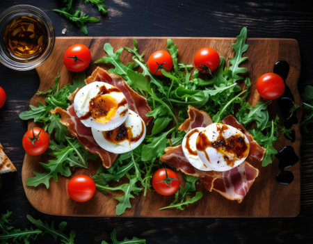 Tasty grilled bacon sandwiches on cutting boards with mozzarella and arugula salad viewed from the tの素材