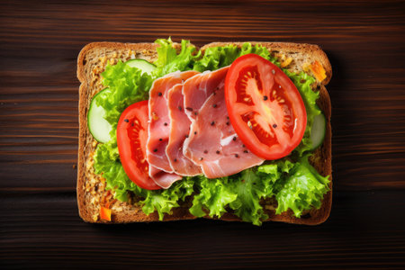 Overhead shot of a healthy sandwich with lettuce ham cheese and tomato on a wooden surfaceの素材