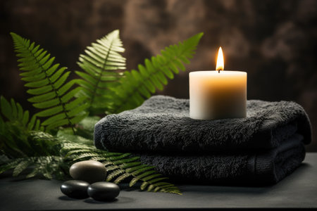 Spa treatment with candles and hot stone massage on wooden backgroundの素材
