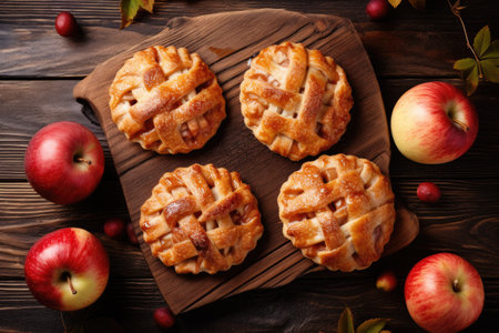 Top view of classic autumn Thanksgiving dessert homemade apple pie on a white wooden backgroundの素材