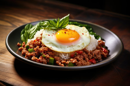 Thai cuisine a plate with minced pork and basil accompanied by a fried egg and served on a wooden taの素材