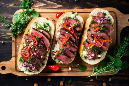 Top view of sandwiches with beef veggies herbs on rustic chopping board white wood backdropの素材