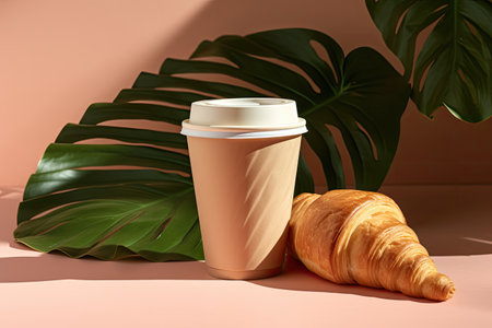 Takeaway breakfast with coffee and croissant in a craft paper cup on a sunny urban scene with pink bの素材