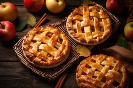 Top view of homemade organic apple pie on rustic background perfect for autumn Thanksgivingの素材